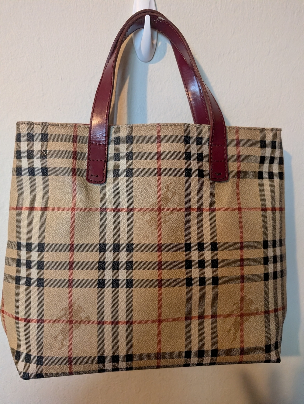 Burberry London Vintage Nova Check Canvas Tote with Burgundy Leather Handles